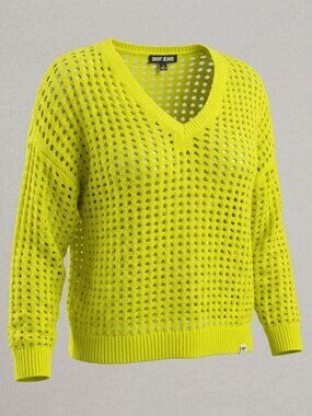 DKNY Jeans Neon Yellow V-Neck Open-Knit Crochet Sweater L
